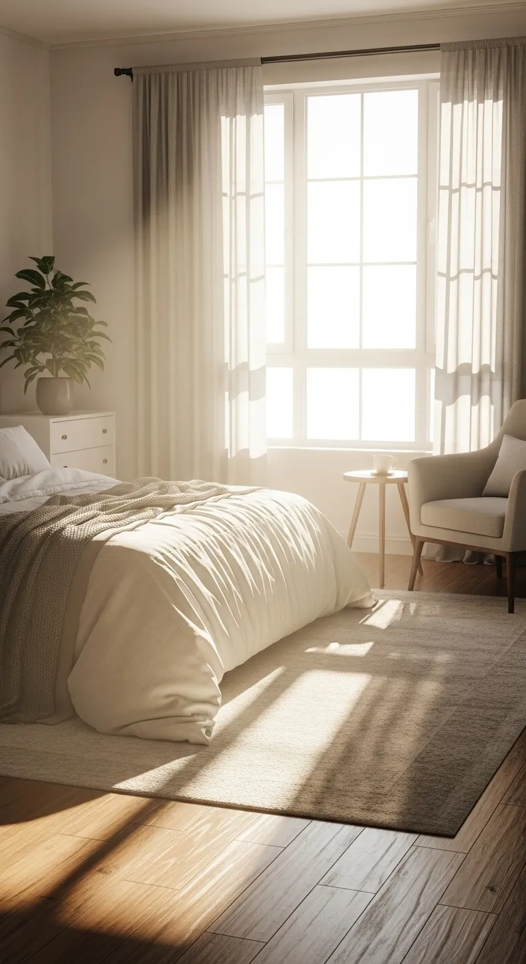 sunshine coming in the window of a modern pleasant bedroom