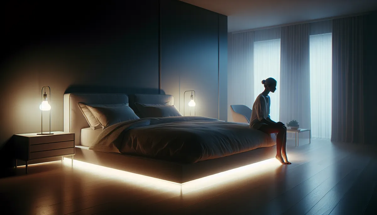 woman on edge of bed with underbed lighting woman on edge of bed with underbed lighting
